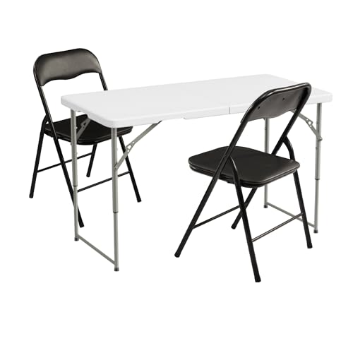 Elevon Folding Table Set with 2 Black Folding Chairs,4 Feet Heavy Duty Fold-in-Half Utility Table Sets for Picnic, Event, Training, Outdoor Activities, at Home and Commercial Use - size: 4 feet, style: With 2 Black Chair