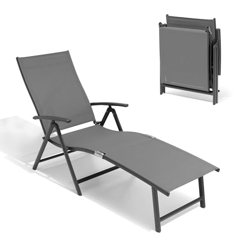 Crestlive Products Folding Patio Chaise Lounge Chair Outdoor, Aluminum Adjustable Outdoor Pool Recliner Chair, Assemble-Free, 8 Positions - color: Grey, size: 1 Pcs