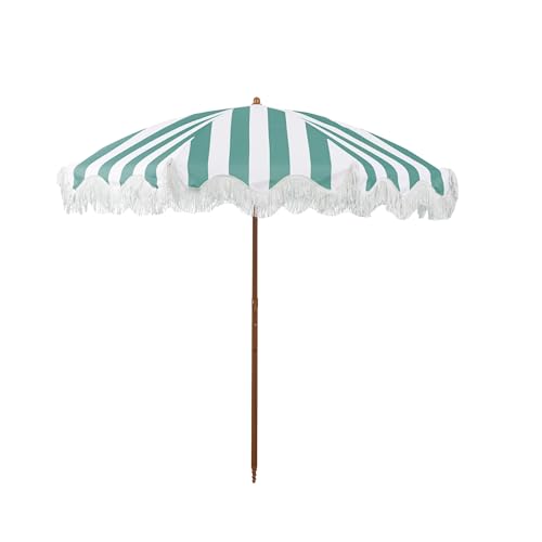 Rayjee 6.5FT Patio & Beach Umbrella with Fringe, Outdoor Sun Umbrella with Tilt & Adjustable Height, Aluminum Pole Market Umbrella for Garden, Deck, Pool & Beach - color: Green and white stripes