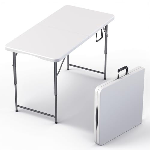 Our Modern Space 4 Feet Foldable Table Adjustable Height with Built in Handle,Steel Legs|Heavy Duty Portable |Perfect for Party, Dining, Wedding, Events, Picnic,Indoor,Outdoor,Camping,Utility,Folding - color: White, size: 4 FT