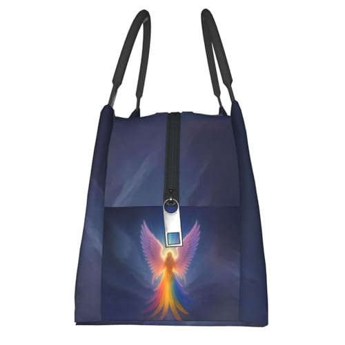 Rainbow Angel Reusable Lunch Box,Colorful Feather Starry Sky Lunchbox for Women Girls,Insulated Lunchbag,11in*6.3in*6.7in,Gifts Makeup Bag,Portable Handbag for Picnic Work Travel Hiking - color: Angel