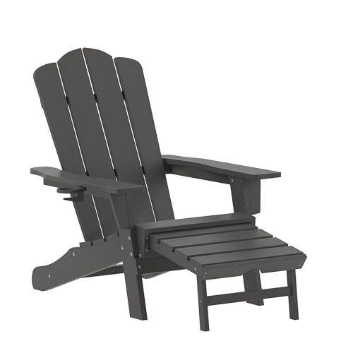 Flash Furniture Newport Poly Resin Adirondack Chair with Cup Holder and Pull Out Ottoman, All-Weather Poly Resin Indoor/Outdoor Lounge Chair, Gray - color: Grey, size: 47.25" - 33.25"dx33.75"wx35.75"h