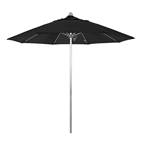 California Umbrella 9' Round Aluminum/Fiberglass Umbrella, Push Open, Silver Pole, Olefin Black Fabric - color: Black