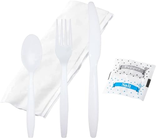 Bulk Heavy Weight Cutlery Individually Wrapped White Plastic Cutlery Knife, Spoon, Fork Pack with Napkin and Salt and Pepper Packets - Extra Strong & Resistant - size: 200pk