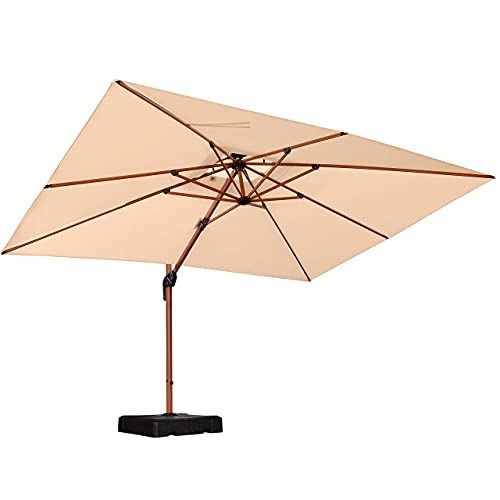 PURPLE LEAF 9' X 12' Double Top Deluxe Wood Pattern Rectangle Patio Umbrella Offset Hanging Umbrella Outdoor Market Umbrella Garden Umbrella, Beige - color: Beige, size: 9'X12', style: Umbrella