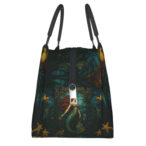 Retro Mermaid Reusable Lunch Box,Underwater Ocean Seahorse Turtle Lunchbox for Women Sea Lovers,Insulated Lunchbag,11in*6.3in*6.7in,Gifts Makeup Bag,Portable Handbag for Picnic Work Travel - color: Mermaid