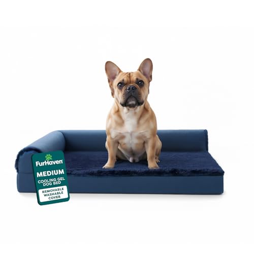 FurHaven Cooling Gel Dog Bed for Medium Dogs, L-Shaped Chaise with Cool Gel-Top Foam with a Solid Orthopedic Foam Base for Joint Support, Washable Cover, Medium, Plush & Velvet, Deep Sapphire - color: (Plush & Velvet) Deep Sapphire, size: Medium