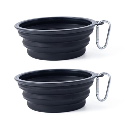 Dog Bowl Pet Collapsible Bowls, 2 Pack Collapsible Dog Water Bowls for Cats Dogs, Portable Pet Feeding Watering Dish for Walking Parking Traveling with 2 Carabiners (Black+Black, Medium) - color: Black+Black, size: Medium