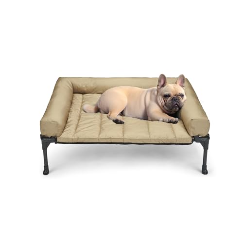 Veehoo Cooling Elevated Dog Bed Add Removable Waterproof Bolster Cushion Mat, Raised Pet Cot with Breathable Teslin Mesh, No-Slip Feet, Dog Couch Bed for Indoor Outdoor, 32x25inches, Beige, CWC2331B - color: Beige Coffee, size: 32.0"L x 25.0"W x 7.0"Th