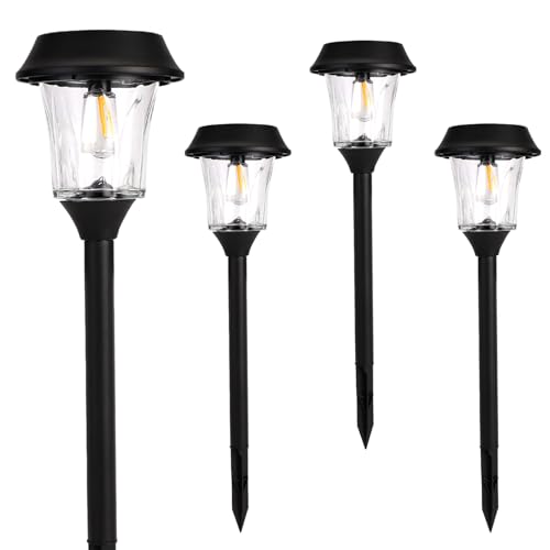 Solar Pathway Lights Outdoor 4 Pack, Stainless Steel & Glass Solar Garden Lights, Auto Dusk to Dawn IP65 Waterproof LED Path Lights for Yard, Lawn, Walkway, Driveway - color: Black