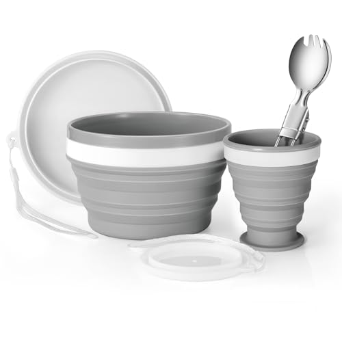 Odoland Camping Collapsible Silicone Cup and Bowl Set, Portable Mess Kit with Stainless Steel Spork and Lid for 1 Person Backpacking, Family Cookware, Hiking, Picnic, Travel