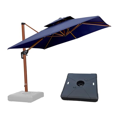 PURPLE LEAF Patio Umbrella with Base Outdoor Square Large Cantilever Umbrella Windproof Offset Heavy Duty Sun Umbrella for Garden Deck Pool Patio, 9ft Navy Blue - color: Navy Blue, size: 9'X9', style: Base Included