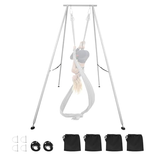 VEVOR Yoga Stand Frame, Max 441-551 lbs Load Swing Stand, Triangular Structure Aerial Rig, Aerial Silk Stands with Yoga Hammock, Standard & Height-Adjustable Version - color: Steel Silver, style: Standard Version