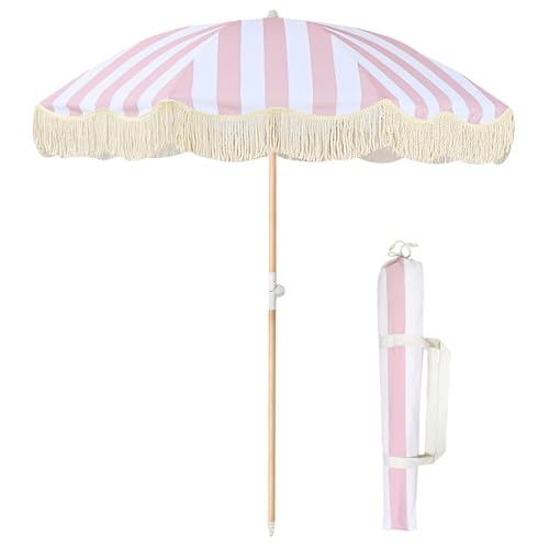 Lefedrasticity Boho Outdoor Umbrella with Tassels,6ft Table Umbrella Outdoor Patio with Knobs Tilt,Wind Resistant Portable Beach Umbrella UPF50+ Fringe Umbrellas For Pool Backyard Deck Garden - color: Pink Stripe