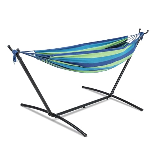 Athena Collection Double Hammock with Stand for Outside, Heavy-Duty Steel Stand 250 Lbs Weight Capacity, Portable Outdoor Hammock Swing with Carry Bag for Indoor, Outdoor, Backyard, Blue Green - color: Blue Green