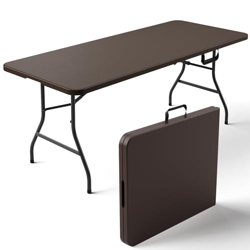 Folding Table 6ft - Heavy Duty Plastic Table with Handle, Foldable & Portable, Fold-in-Half Utility Tables for Outdoor, Dining, Wedding, Events, Indoor, Picnic, Camping, Party(Brown) - color: Brown, size: 6ft