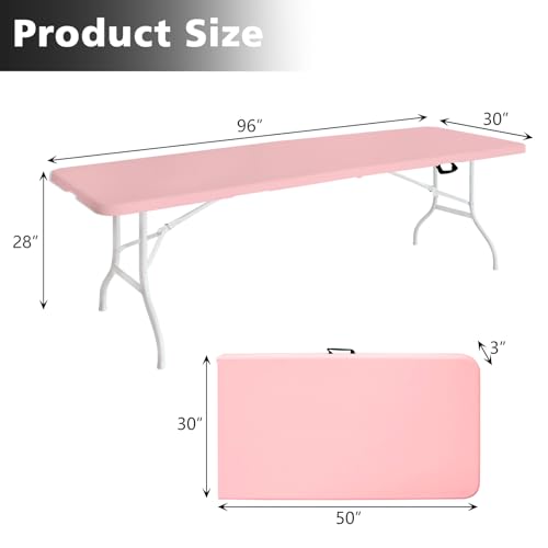 Portable 8Ft Folding Table, Heavy Duty Plastic Fold-in-Half Utility Foldable Dining Table, Multi-Purpose Plastic Folding Table with Carrying Handle for Camping and Party Indoor/Outdoor (Pink) - color: Pink, size: 8Ft