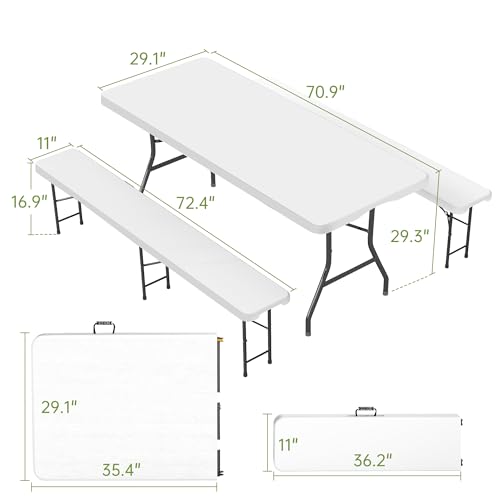 Real Relax 6' Picnic Table with 2 Benches, 3 Piece White Portable HDPE Folding Camping Table and Benches for Courtyard, Garden, Outdoor Leisure, Party - color: White