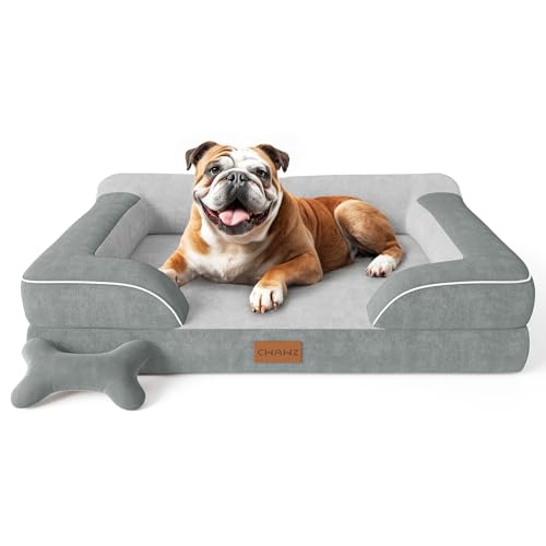 CWAWZ Dog Beds for Large Dogs, Orthopedic Dog Bed with Cooling Gel Memory Foam, Waterproof Large Pet Bed with Removable Washable Cover, 36" Pet Sofa Couch Dutch Velvet with Bone Toy, Light Gray - color: Light Grey, size: Large(36"L x 27"W x8.5"Th)