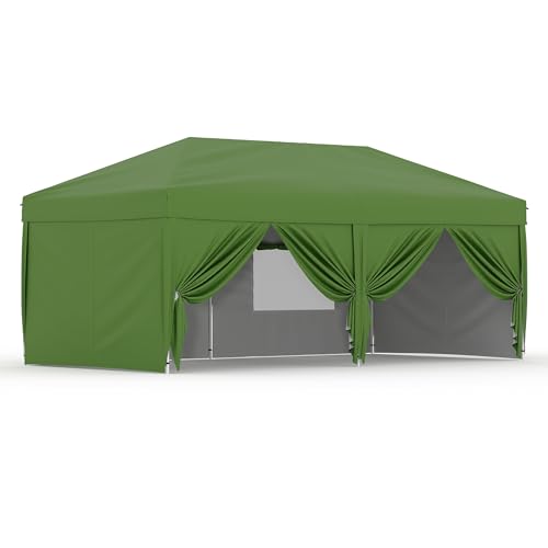 10X20 Pop Up Canopy Tent with 6 Sidewalls – Heavy Duty Commercial Instant Shelter, One-Person Quick Setup Outdoor Party Tent, Water-Resistant & Portable, Green - color: Green