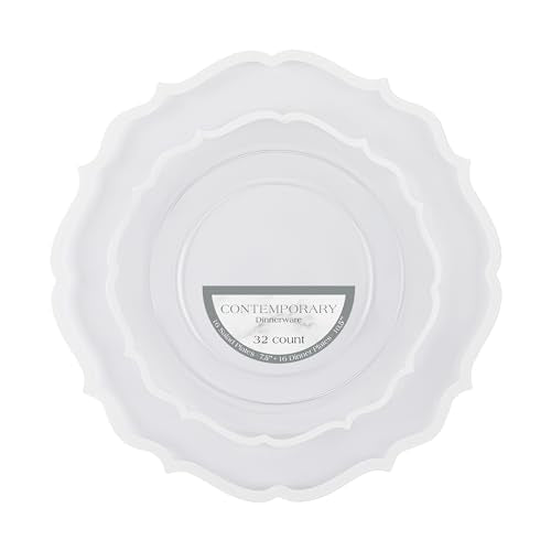 PLASTICPRO 32 Pack Elegant Disposable Plastic Plates Combo Set Includes 16 Dinner Plates and 16 Salad Plates Heavy Duty Fancy Party Plates Clear & White Contemporary Design - color: Clear & White Contemporary