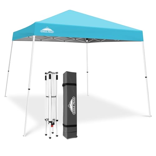 EAGLE PEAK 10x10 Slant Leg Pop-up Canopy Tent Easy One Person Setup Instant Outdoor Beach Canopy Folding Portable Sports Shelter 10x10 Base 8x8 Top (Light Blue) - color: Light Blue, size: 10x10
