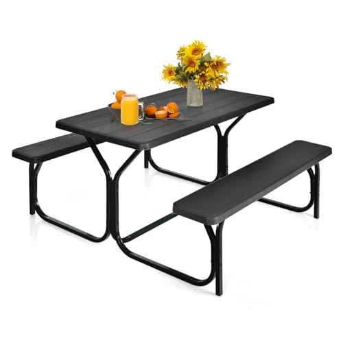 MEDIMALL Picnic Table, Portable Picnic Tables with Benches, Plastics Picnic Table Bench Set with Metal Frame & All Weather Tabletop, Large Camping Picnic Table for Outdoors, Backyard, Garden (Black) - color: Black