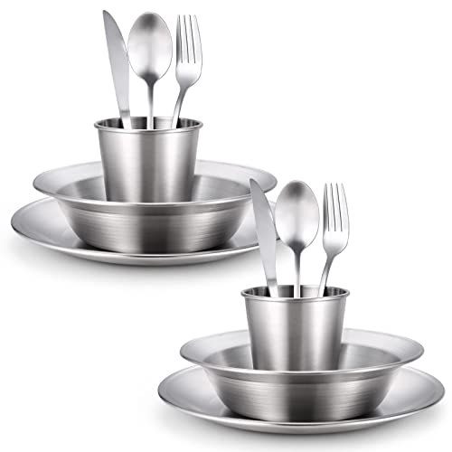 Odoland Stainless Steel Camping Mess Kit for Family & Person, Cooking Tableware Utensils with Plates Bowls Forks Spoons Knives & Savings Bag for Camping, Backpacking, Hiking, Picnic - style: 2 Person Set