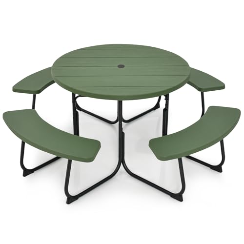 Round Picnic Table for Outdoors, 8 Person Outdoor Picnic Tables & Benches Set with Umbrella Hole, HDPE Tabletop & Metal Frame, 2000 LBS Capacity Table Bench Set for BBQ, Garden, Lawn, Patio - color: Green