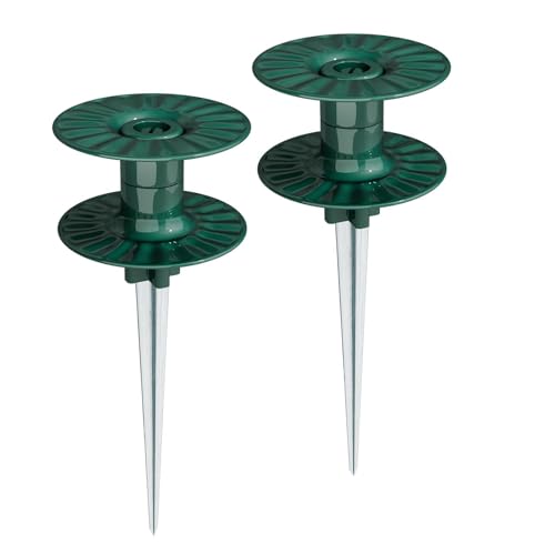 10 Inch Garden Hose Guide Spike, Rust Free Zink Sturdy Metal Stake, Heavy Duty Dark Green Spin Top, Keeps Garden Hose Out of Flower beds, for Plant Protection Greenhouse, Yard Lawn, 2PCS