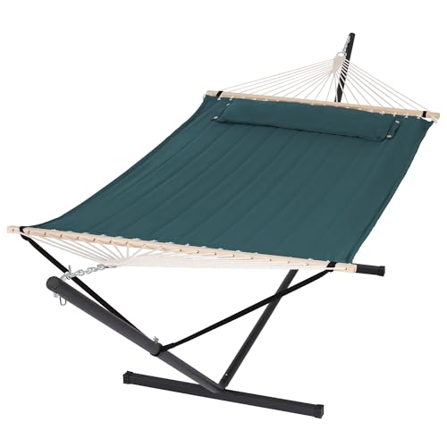 SUNCREAT Hammocks Extra Large Double Hammock with 12 ft Stand for Outside, 475lbs Capacity, Outdoor Portable Hammock with Hardwood Spreader Bar, Extra Large Pillow, Dark Green - color: Dark Green, size: 12 ft Stand