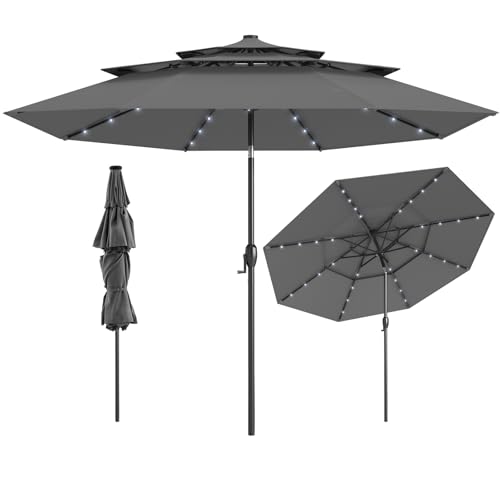 Tangkula 10 FT Solar LED Patio Umbrella, 3-Tier Vented Outdoor Market Table Umbrella with 32 LED Lights, Tilt Adjustment, Crank Handle, 8 Ribs for Backyard Pool Deck (Gray) - color: Gray