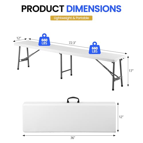 ZENY 6ft Plastic Folding Bench, Portable Outdoor Bench for Picnic Camping Dining Party Garden, Soccer Multipurpose Entertaining Activities, White