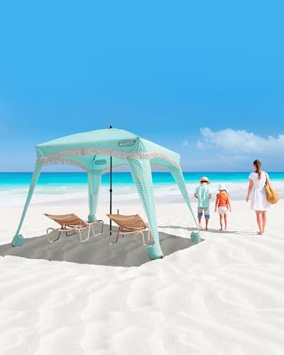 OutdoorMaster Beach Cabana with Fringes, Portable 6' x 6' Beach Canopy for Sand, Easy Set Up Beach Shelter, Included Side Wall, UPF 50+ UV Protection Sun Umbrella - for Family & Friends - color: Stripes