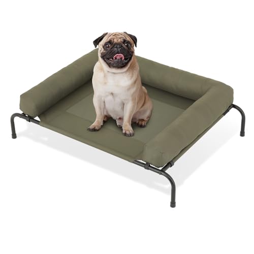 MoNiBloom Outdoor Elevated Dog Bed w/Removable Bolster, Portable Raised Outdoor Dog Bed with Stable Anti-Slip Feet & Breathable Mesh, 42 Inches Length, Dark Green - color: Dark Green, size: 42"L