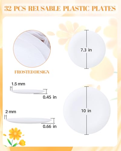 WONDERFUL 32pcs White Plastic Plates Reusable Unbreakable Dinnerware Set Dishes Set Dishwasher Safe Outdoor Plates Includes:16 Dinner 10" and 16 Dessert Plate 7.3" Ideal for Wedding/Mothers Day - color: White