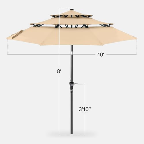 Best Choice Products 10ft 3-Tier Market Patio Umbrella, Outdoor Sun Shade with Tilt, Crank Lift, 8 Ribs for Backyard, Deck, Poolside - color: Sand
