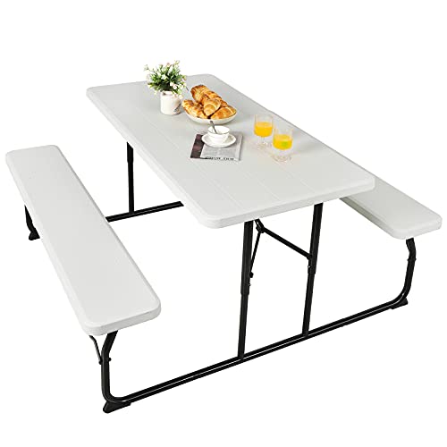 Giantex Folding Picnic Table Bench Set, Outdoor Dining Table Set, Large Camping Table for Patio Deck Lawn Garden Backyard Poolside, Portable Picnic Tables, Weather Resistant Metal Frame, White - color: White
