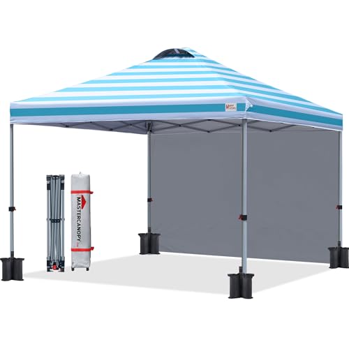 MASTERCANOPY Durable Pop-up Canopy Tent with 1 Sidewall (10'x10',Sky Blue Stripe) - color: Sky Blue Stripe, size: 10x10