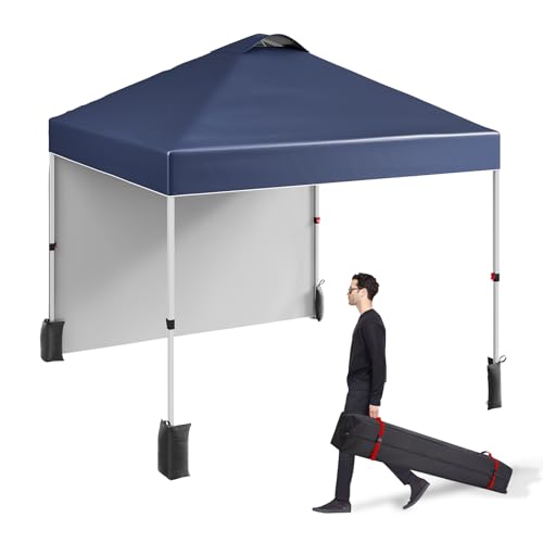 10x10 Ft Pop Up Canopy Tent with 1 Sidewall, Instant Portable Shelter with Vented Roof and Wheeled Carry Bag, Outdoor Sun Shade for Beach, Camping, Patio, Bonus 4 Canopy Sand Bags, Navy Blue - color: Navy Blue, size: 1 Side Wall