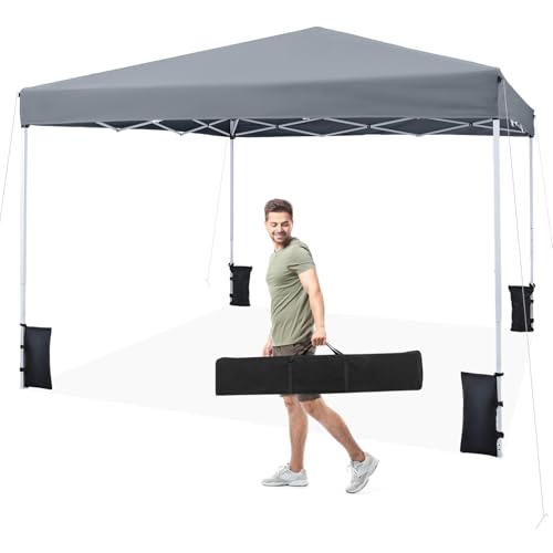 Tangkula 10x10 FT Pop Up Canopy, UPF50+ Outdoor Tent with 4 Sandbags, 8 Stakes, 4 Wind Ropes, Heavy-Duty Carbon Steel Frame, Carrying Bag, Portable Canopy Tent for Party Event Camping Travel (Grey) - color: Gray, size: 10x10 Ft