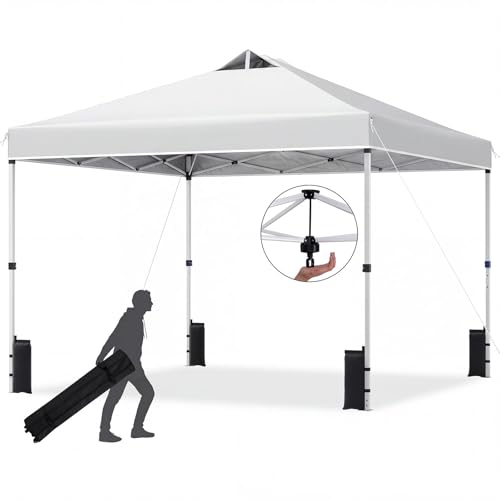 Tangkula 10 x10 Ft Pop Up Canopy with Center Lock, UPF 50+ One-Button Setup Outdoor Canopy Tent with Roller Bag, 4 Sand Bags, Heavy-Duty Steel Frame, 8 Stakes, 4 Ropes for Camping, Picnic - color: White