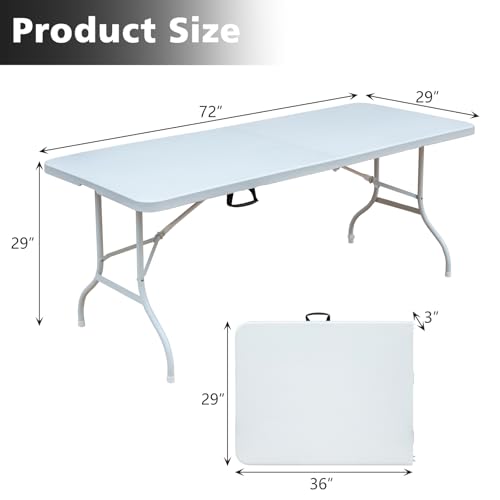 Portable 6Ft Folding Table, Heavy Duty Fold-in-Half Utility Foldable Dining Table, Multi-Purpose Plastic Folding Table with Carrying Handle for Camping and Party Indoor/Outdoor (White) - color: White, size: 6Ft