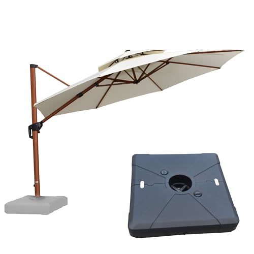 PURPLE LEAF Cantilever Umbrella with Base Outdoor Round Umbrellas Large Cantilever Umbrella Windproof Offset Heavy Duty Sun Umbrellas for Garden Deck Pool Patio, 12ft Cream - color: Cream, size: 12 Feet, style: Base Included