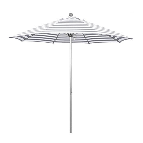 California Umbrella 9' Round Contract Grade Patio Umbrella, Push Open, Silver Finish, Gray/White Olefin - color: Gray/White Cabana Stripe