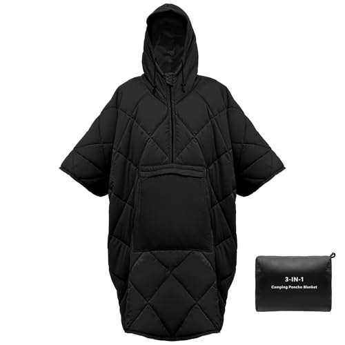 Camping Outdoor Blanket, Ultralight Down Alternative Printed Travel Camp Blankets for Sleeping Packable Waterproof Puffy Quilt for Hammock Picnic Stadium Beach Cold Weather (Black Blanket Poncho) - color: Black Blanket Poncho