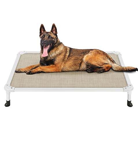 Veehoo Chew Proof Elevated Dog Bed - Cooling Raised Pet Cot - Silver Aluminum Frame and Durable Textilene Mesh Fabric, Unique Designed No-Slip Feet for Indoor or Outdoor Use, Beige Coffee, Large - color: Beige Coffee, size: 42.0"L x 30.0"W x 7.0"Th