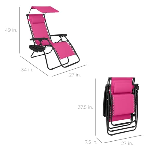 Best Choice Products Folding Zero Gravity Outdoor Recliner Patio Lounge Chair w/Adjustable Canopy Shade, Headrest, Side Accessory Tray, Textilene Mesh - Hot Pink/Black - color: Hot Pink/Black, size: Standard