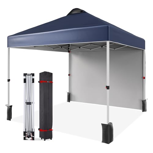 10x10 Ft Pop Up Canopy Tent with 1 Sidewall, Instant Portable Shelter with Vented Roof and Wheeled Carry Bag, Outdoor Sun Shade for Beach, Camping, Patio, Bonus 4 Canopy Sand Bags, Navy Blue - color: Navy Blue, size: 1 Side Wall