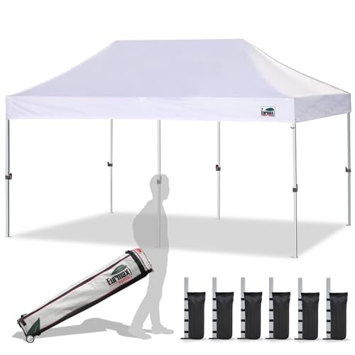 Eurmax USA 10x20ft Pop Up Canopy, Commercial Instant Tent for Outdoor Events, Patented No-Tip Rolling Storage Bag with 6 Sandbags,UV & Water Resistant,Heavy Duty Portable Shelter Gazebo,White - color: White, size: 10x20